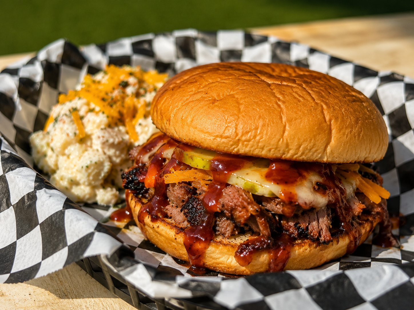 A BBQ brisket melt loaded with smoked chopped brisket, pickled onions and melted cheddar, served with potato salad