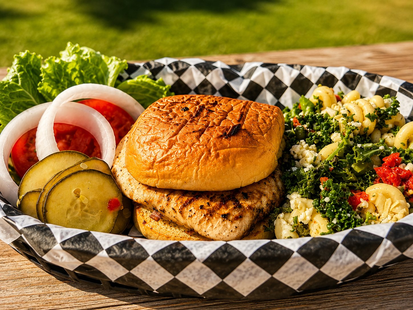 A grilled chicken sandwich with kale pasta salad, pickles, tomato and onion