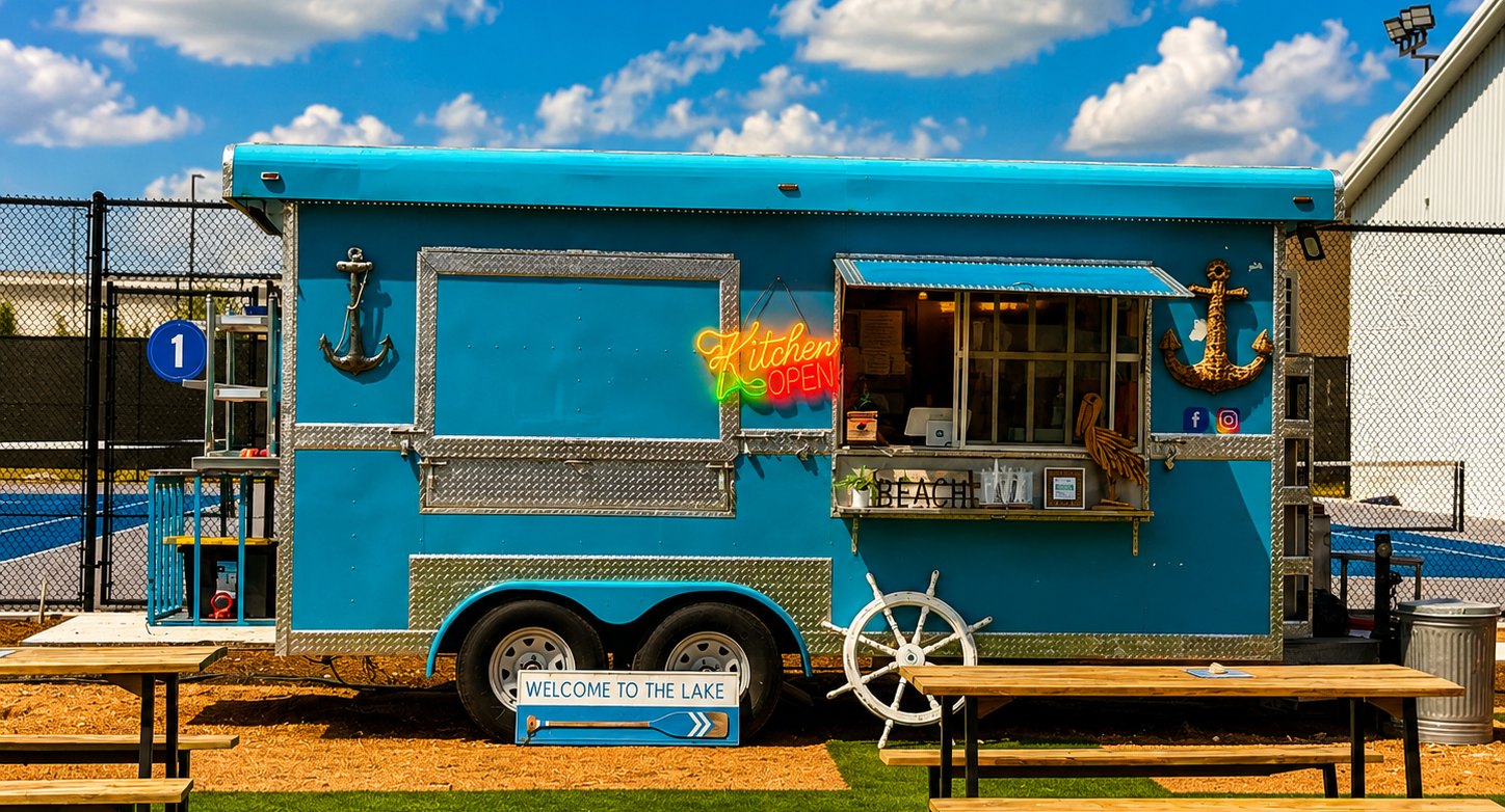 The turquoise Yachties food truck at RacFit, anchors and a ship's wheel on the side, Kitchen Open sign lit, picnic tables out front and the pickleball courts behind