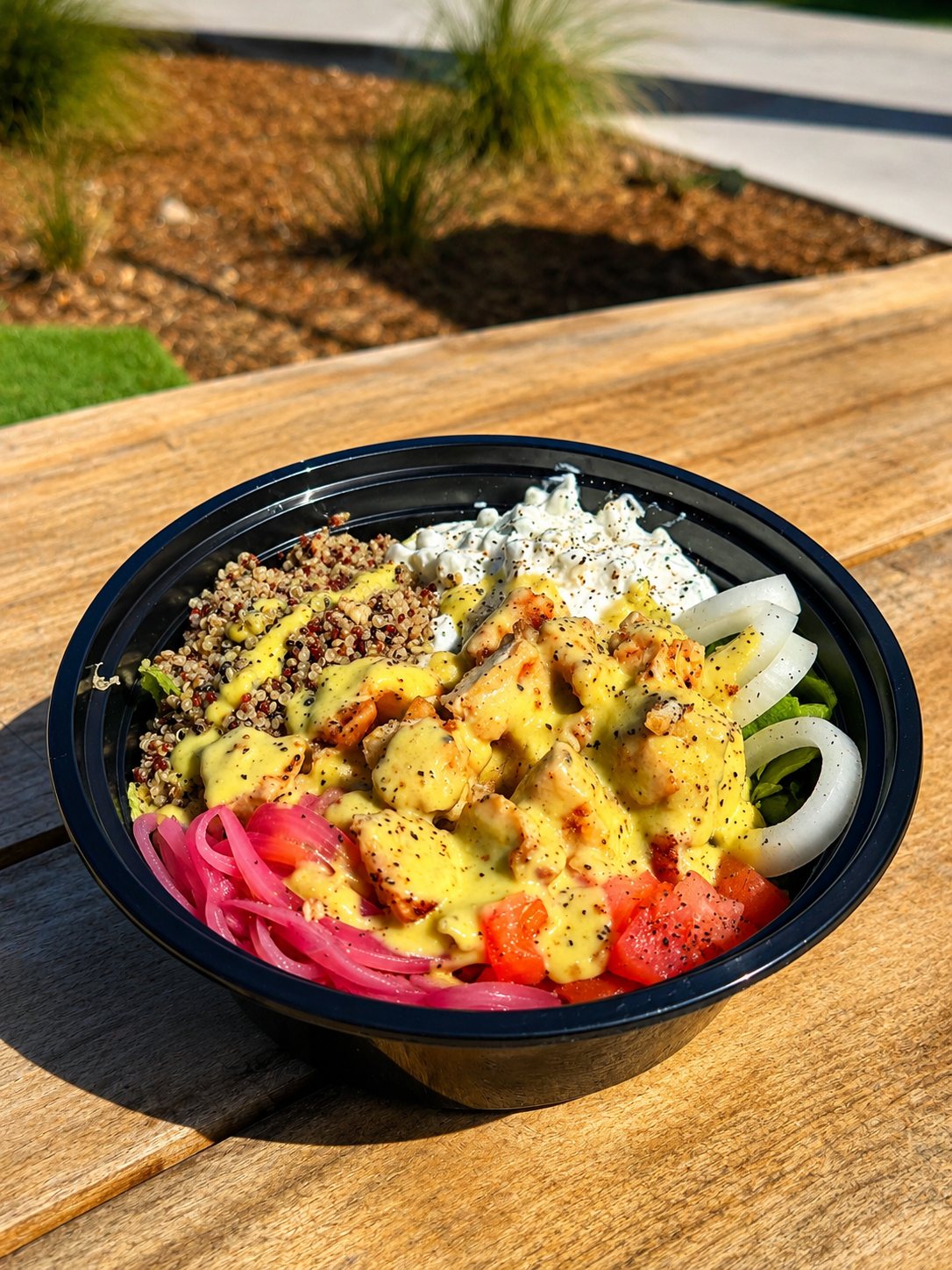 A Yachties Power Bowl with grilled chicken, quinoa, cottage cheese, tomato and power greens aioli