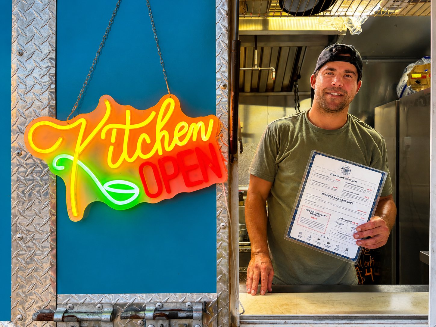 A Yachties cook leaning out of the truck window beside the neon Kitchen Open sign, holding the Express Menu