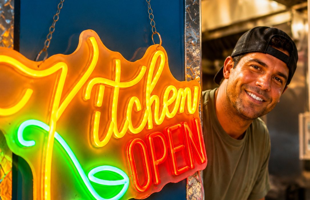The neon Kitchen Open sign on the side of the Yachties truck, with a cook smiling from the service window